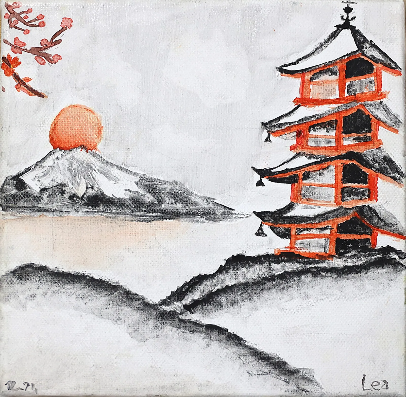 Gemälde: japanische Pagode vor dem Fuji mit Kirschblüten